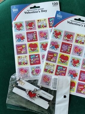 2 Pack Valentine's Day Motivational Stickers + Black & Red Heart Woven Bracelet